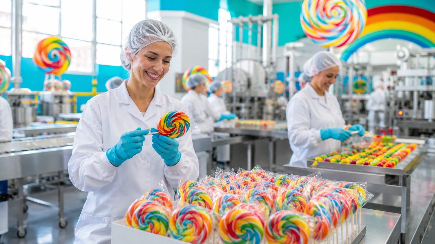 Equipe Bidoo produzindo pirulitos coloridos