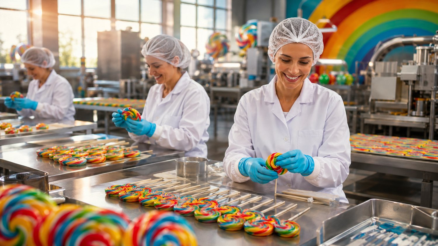 Equipe em linha de produção de pirulitos